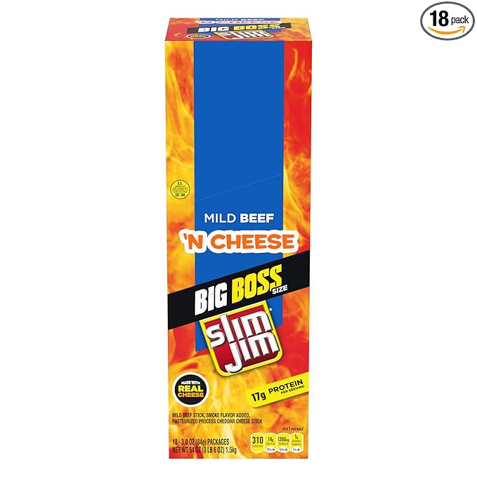 Slim Jim Beef 'N Cheese Smoked Meat Sticks, Mild Flavor, High Protein, 3.0 oz. (18 Count)