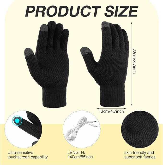 Bencailor 2 Pairs Usb Winter Heated Gloves Mitten Hand Washable Knitting Touchscreen Laptop Gloves