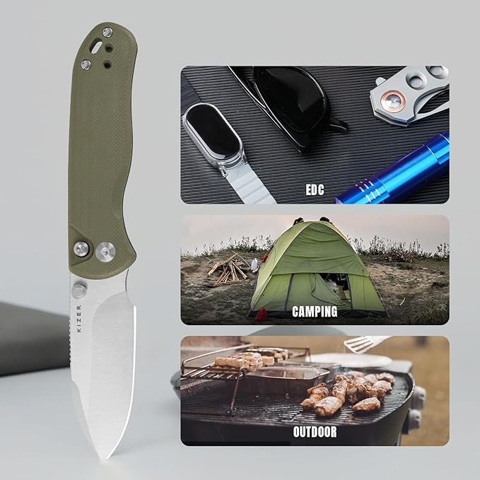 Kizer Drop Bear 2 Pocket Knife, 2.92" AEB-L Drop Point Blade Folding Knife with Olive Green G10 Handle, Button Liner Lock EDC Knives with Jimping on Spine for Men Women V3619.2CD2