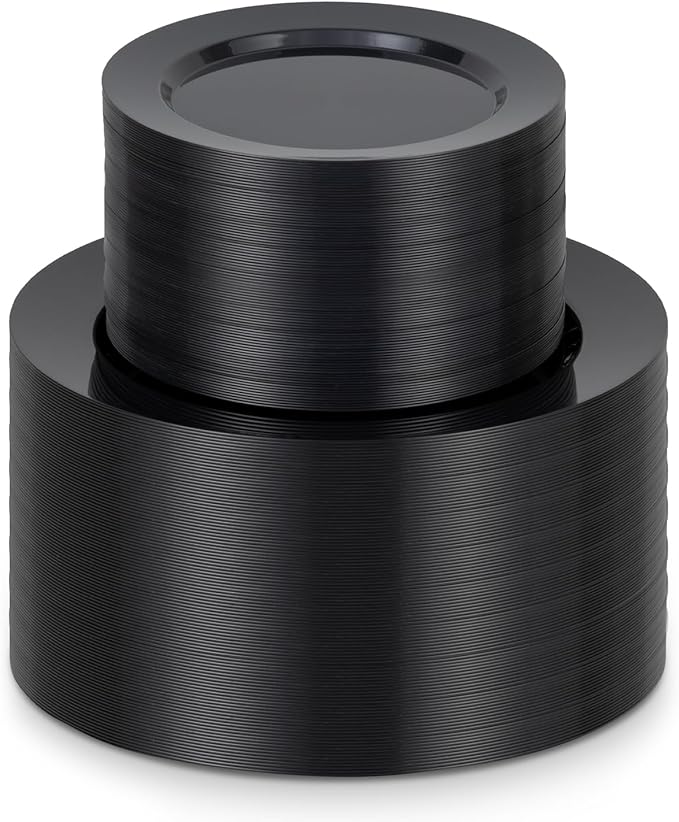 200PCS Black Plastic Plates, Disposable Party Plates with 100 Dinner Plates and 100 Dessert Plates, Plastic Plates for Party, Wedding,Halloween and Birthday (Black, 200PCS)