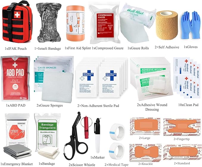 IFAK Kit Trauma Kit Military Medical First Aid Kits Bleeding Contral Emergency Survival Bug Out Bag for Camping Gear Supplies Hiking (Red)
