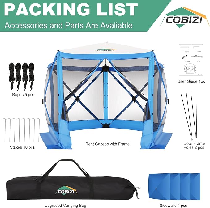 COBIZI 10x10 Pop up Gazebo Screen House Tent for Camping, Pop-up Camping Canopy with Sidewalls,Portable Outdoor Quick-Set Hub Tent with Carrying Bag&Ground Stakes,Blue(Upgraded 2.0)