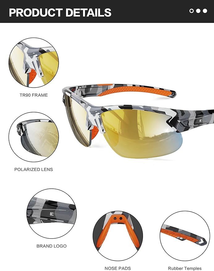 BIRCEN Polarized Sport Sunglasses for Men: UV Protection Fishing Shades for Golf Baseball Driving Motorcycle BC3065