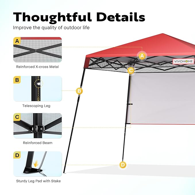 VIVOHOME 8x8ft Pop-Up Canopy Tent with Central Lock Design, Slant Legs, Backpack, and Side Wall, Portable Shelter for Camping, Party, Yard, and Beach Events, Red
