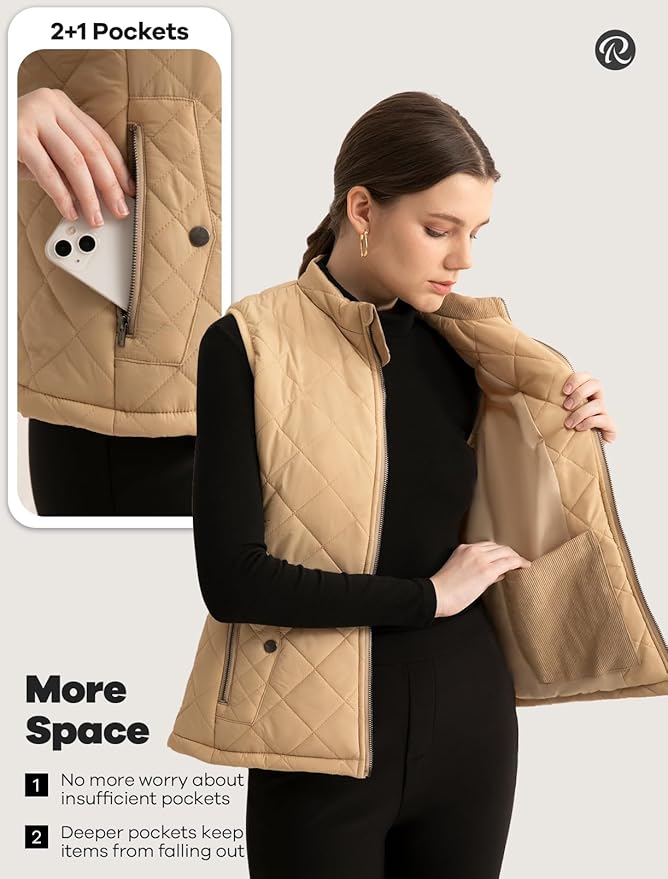 Women's Vest, Quilted Puffer Water-Resistant Zip With Pockets