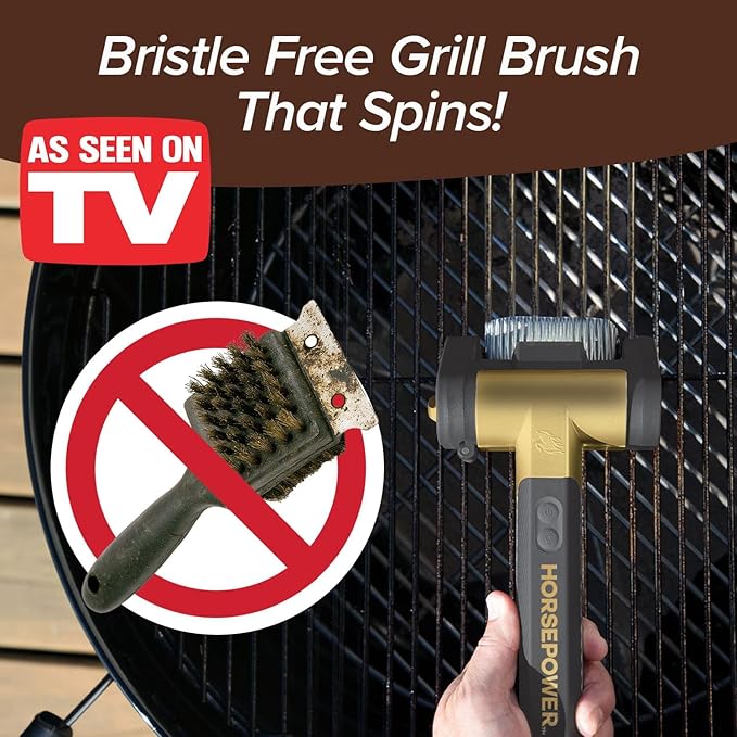 Horsepower Giddy Up GOLD Free Spinning Grill Brush w/LED, AS-SEEN-ON-TV, Cordless & Rechargeable, 304 Stainless Steel Power Roller Blasts Away Burnt-On Food, No Bristles, No Preheating