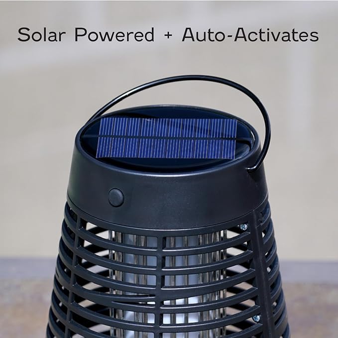 PIC Portable Bug Zapper, 600V Solar Powered Insect Trap & Fly Zapper for Outdoor Use, LED Flickering Flame, Activates Automatically in Dark, Weatherproof Outdoor Fly Trap, Kills Bugs on Contact
