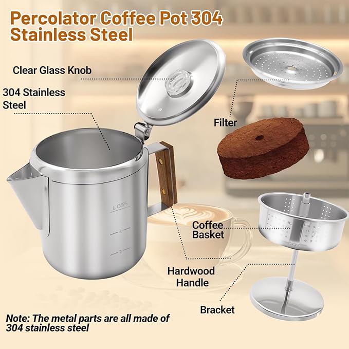 No Coating 6 Cup Percolator Coffee Pot 304 Stainless Steel Moka Pot Stovetop Espresso Maker Italian Greca Cuban Machine 1000ml 33.8oz Suitable for Gas Induction Stovetop Camping Kettle