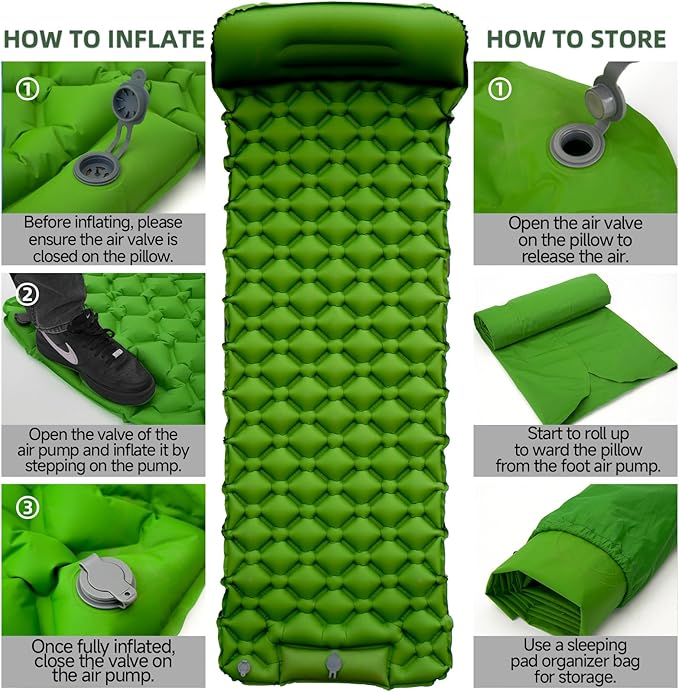 Inflatable Sleeping Pad with Pillow for Camping-Built in Foot Pump Fast Inflation-Ultralight Upgraded Durable Compact Sleeping Mat Moisture Proof Air Mattress for Backpacking,Hiking,Travel,Tent