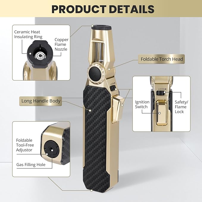 Butane Torch Lighter Adjustable Kitchen Torch with Safety Lock, Butane Refillable Gas Lighter Cooking Torch - Adjustable Windproof Jet Flame for Camping Baking BBQ Soldering Grill Candle