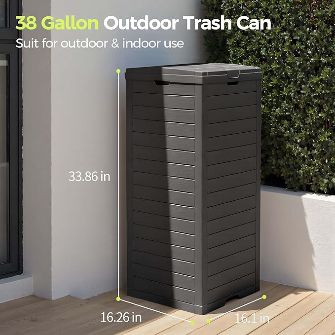 38 Gallon Outdoor Trash Can Waterproof Resin Garbage Can with Tiered Lid & Drip Tray Indoor and Outdoor Use Trash Bin for Patio Kitchen, Backyard & Deck, Black