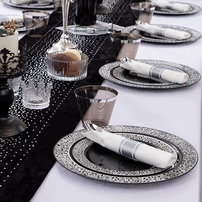 NOCCUR 210PCS Black and Silver Dinnerware Set for 30 Guests - Black Plastic Plates with Silver Rim Include 30 Dinner / 30 Dessert Plates, 30 Prewrapped Silverware, 30 Cups Ideal for Party, Halloween