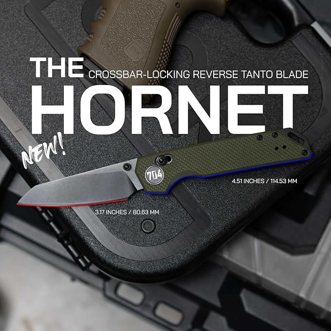 704 Gear Hornet EDC Folding Pocket Knife with Crossbar Lock | 3.17" Reverse Tanto Blade, D2 Steel, G10 Handle, Reversible Pocket Clip | Black