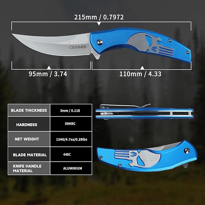 Tactical Folding Knife with upswept 440C High Carbon Stainless Steel Blade, Blue Aluminum Handle, with Deep Carry Pocket Clip, Outdoor EDC Knife for Camping, Hiking, Fishing