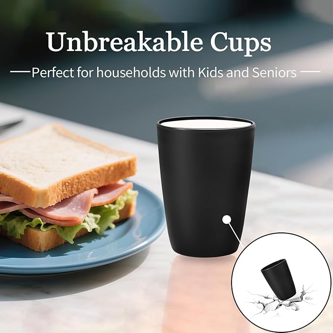 32 pcs Wheat Straw Dinnerware Sets Kitchen Plates and Bowls Sets for 8 Plastic Plates Reusable Dishes Set Outdoor Camping and Dinning Essentials Dishwasher Safe, Black