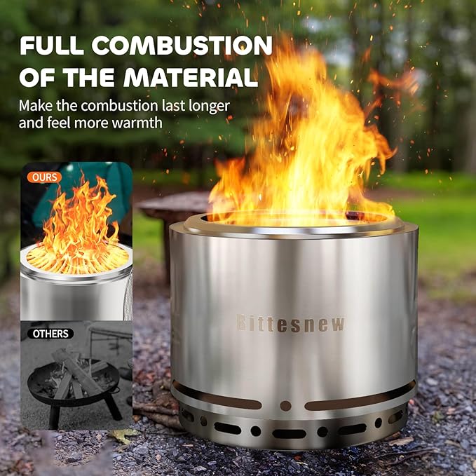 Smokeless Stove Fire Pit, Bittesnew 304 Stainless Steel Patio Fire Pit 19 Inch, Portable Outdoor Stove with Carrying Bag for Wood Buring, Camping Backyard, Patio, Garden, Picnic, 20 inch High
