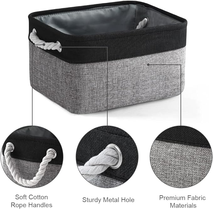 TheWarmHome Storage Basket for Organizing - 14x10x7 inch Medium 3 Pack Collapsible Storage Bin for Shelves with Rope, Fabric Storage Cubes for Organizer Cloth Gift Toy Closet (Black & Grey)