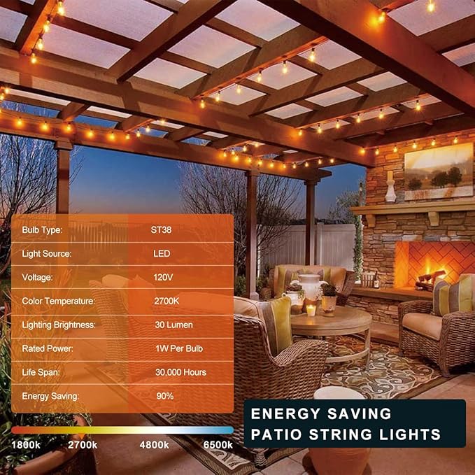 Kawaya Outdoor String Lights 100 FT LED Patio Light - 50+2 Shatterproof Vintage Edison Bulbs - 2700K Dimmable IP65 Waterproof Outside Hanging Lighting for Yard Porch Deck Balcony Bistro Cafe Party