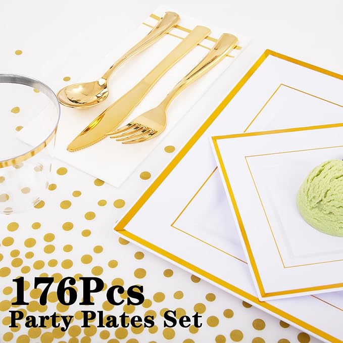 Festiva 176Pcs Gold Plates Disposable - Square Party Plates Dinnerware Sets - include Cups,Plastic Cutlery,Hand Napkins,Tablecloth for 25 Guests Party&Wedding&Christmas&Thanksgiving