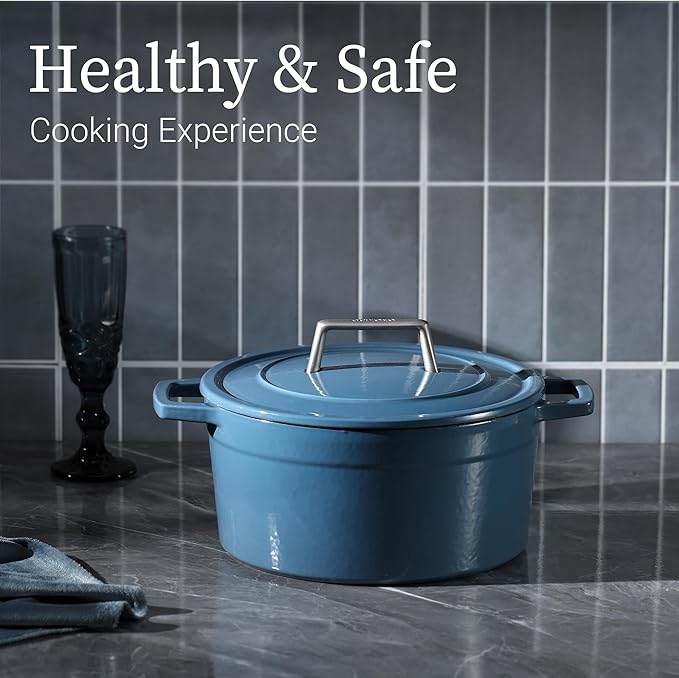 CAROTE Cast Iron Dutch Oven Pot with Lid, Enameled Dutch Oven for Sourdough Bread Baking, Dual Handles, Heavy-Duty Cast Iron Pot, 5QT, Blue