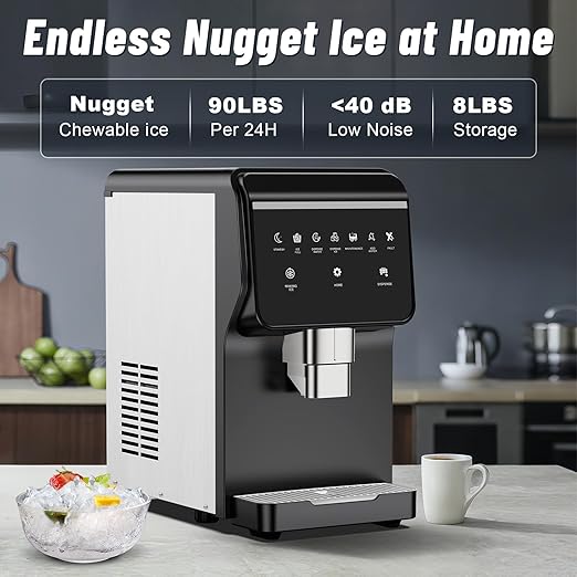 Nugget Ice Maker Countertop, Ice/Water/Ice & Water Optional, 90Lbs/24H Pellet Crushed Chewable Ice Machine Stainless Steels with Self-Cleaning for Home Office Kitchen Party RV
