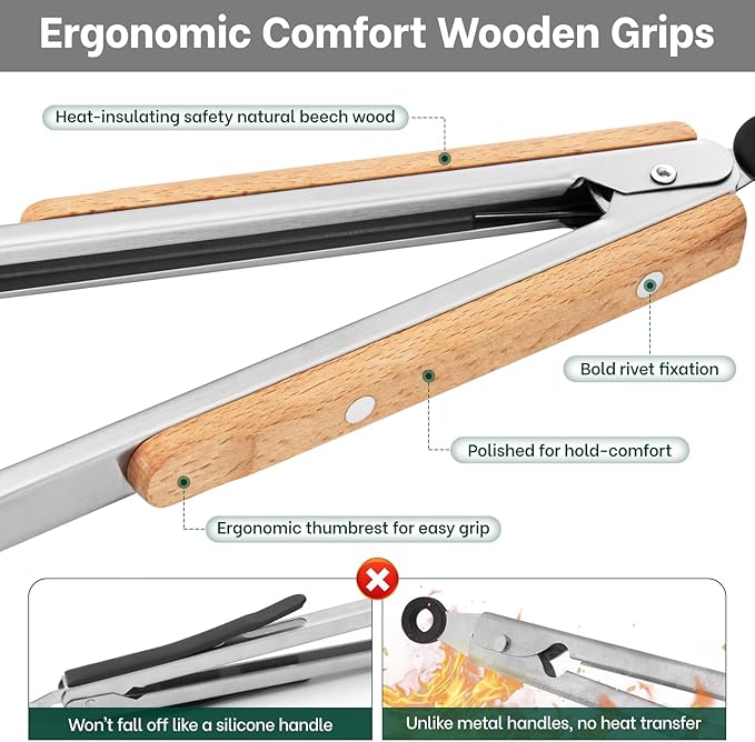 Beneno Tongs for Cooking, Food-Grade Stainless Steel Kitchen Tongs 12-Inch with Ergonomic Heat-Insulating Wooden Grip & Non-Slip Scalloped Tips, Sturdy Locking Metal Tong for Cooking, Grill