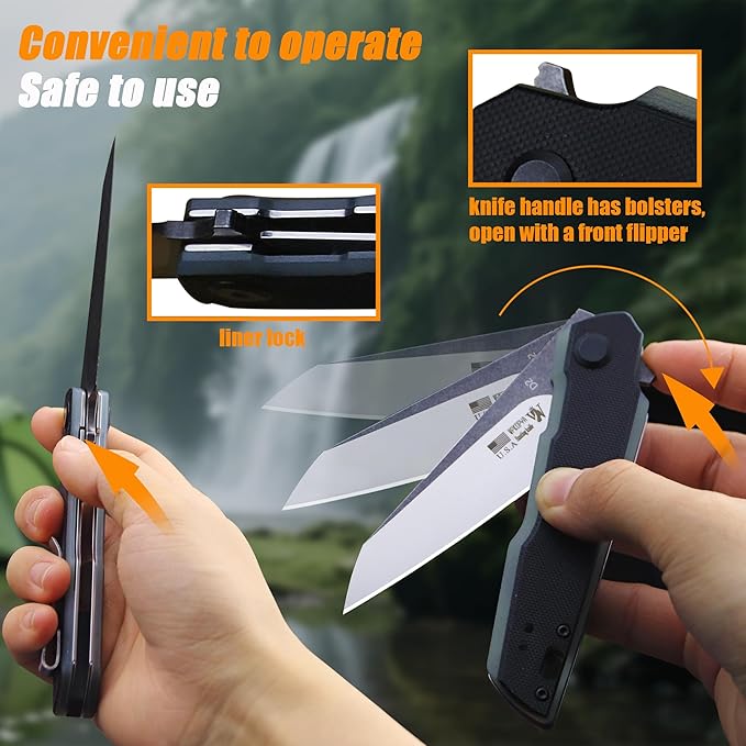 7.8in Folding Pocket Knife with D2 Steel Blade, G10 Handle, Ball Bearing Pivot, Stonewashed Finish – Outdoor EDC Utility Tool for Camping, Hiking, Survival Use(G10 - Black/Onyx Color)