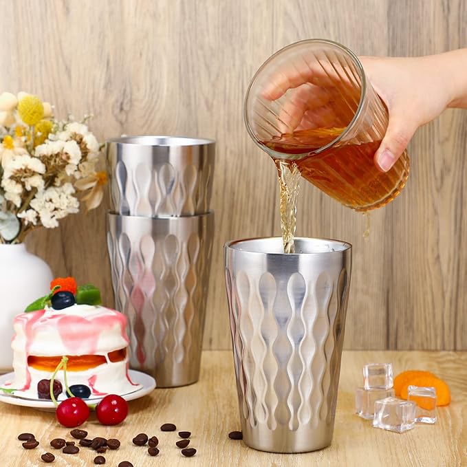 8 Pack 16oz Stainless Steel Cups Pint Cup Metal Double Layer Insulated Drinking Beer Water Tumbler Camping Reusable Stackable for Office Party Hot Cold Drink