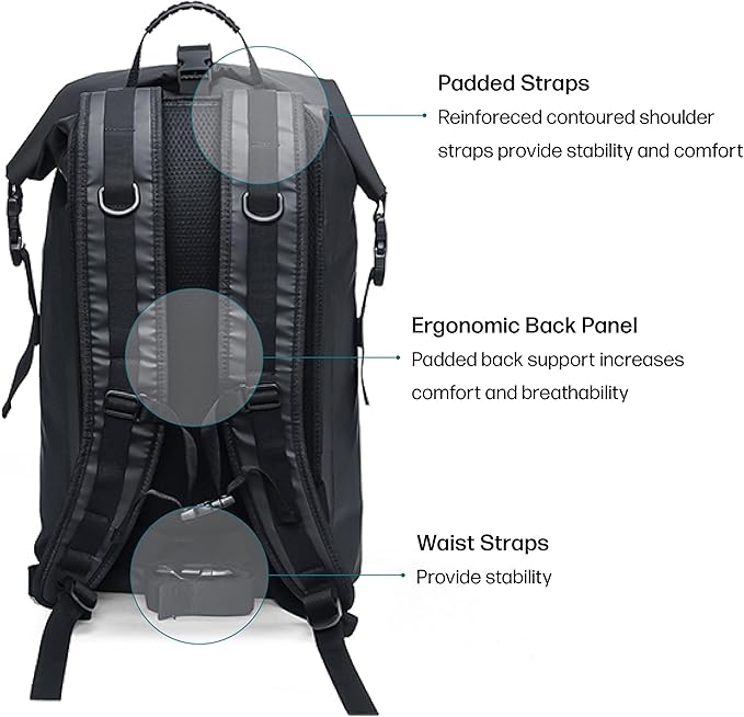 Water Bear Tactical Waterproof Backpack: Black 35L Rugged Roll-Top Closure with Waterproof Zipper front pocket and Cushioned Padded Back.(New Version) laptop sleeve inside