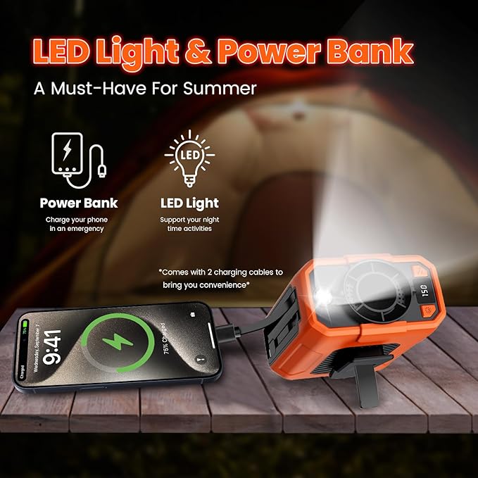 Portable Waist Fan - 5 Speeds 18000RPM Strong Airflow 10000mAh Battery Powered 35H Cooling - Hands-Free Waist Neck Desk Fan with Flashlight for Outdoor Jobsite Camping, Orange