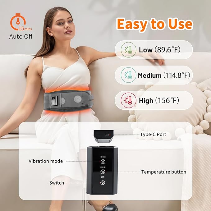 Cordless Heating Pad with Massager,Rechargeable Back Warmer with Heating and Vibration Function,Auto Shut Off,Helps Relieve Period Cramps and Back Pain,Ideal Birthday Gift for Dad,Mom,Men,Women