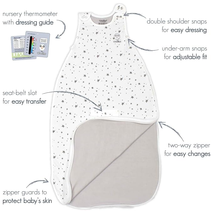 Woolino Ultimate Baby Sleep Sack - 4 Season Baby Wearable Blanket - Two-Way Zipper Adjustable Sleeping Bag - Merino Wool and Organic Cotton - Universal Size (2-24 Months) - Lilac