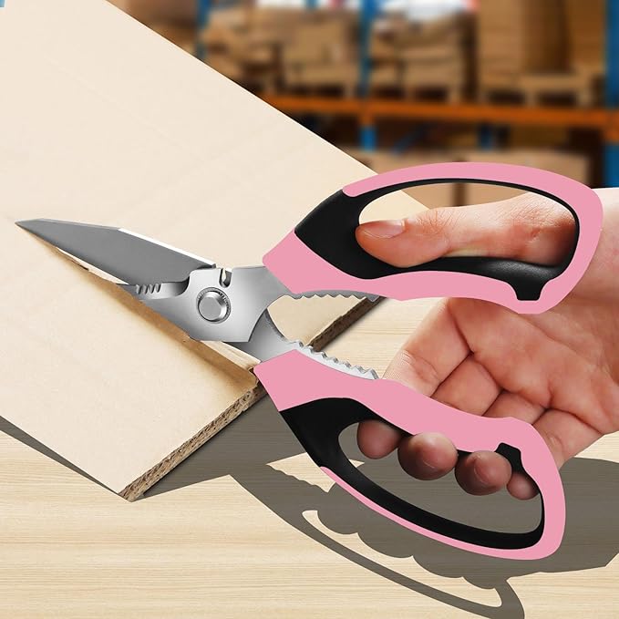 Heavy Duty Scissors Multipurpose - Sharp Utility Scissors All Purpose, Easy Cutting Carpet, Cardboard, Wires, Leather, Fabric(8'' Pink)