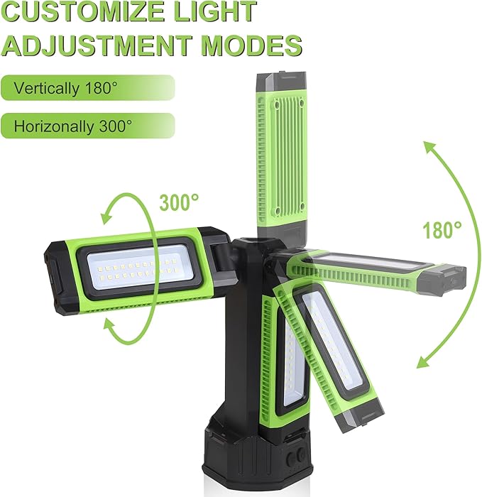 Multi-Directional LED 7000 Lumen Work Light, with Adjustable Tripod Stand and Carry Bag, Rechargeable with USB Power in/Out, Super Bright for Camping, Car Repairing, Barbecue, Workshop
