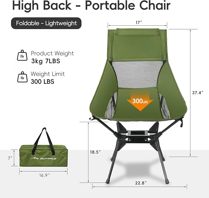 Swivel Folding Chair, High Back Camping Chair with Head Support, Side Cup Pocket, Stable Portable Outdoor Chair for Camp, Travel, Beach, Party, Fishing (Green)