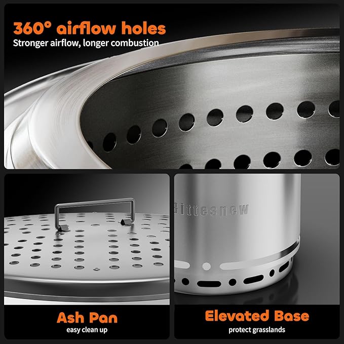 Smokeless Stove Fire Pit, Bittesnew 304 Stainless Steel Patio Fire Pit 19 Inch, Portable Outdoor Stove with Carrying Bag for Wood Buring, Camping Backyard, Patio, Garden, Picnic, 20 inch High