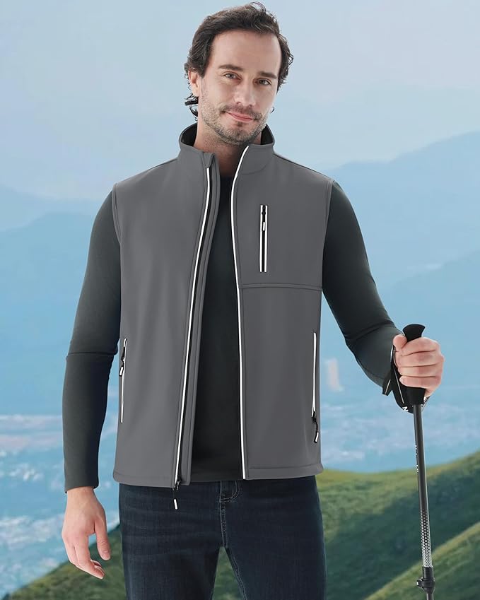 WULFUL Men's Windproof Lightweight Golf Vest Outerwear with Pockets, Softshell Sleeveless Jacket for Travel Hiking Running