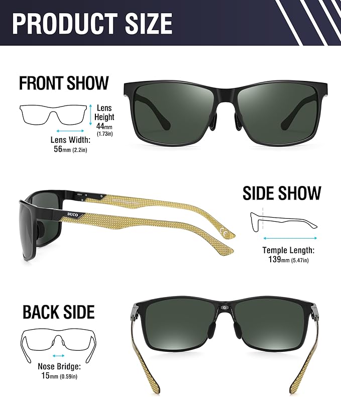 DUCO Mens Sunglasses Polarized Rectangle Sunglass for Men Lightweight Carbon Fiber UV400 Protection 8206