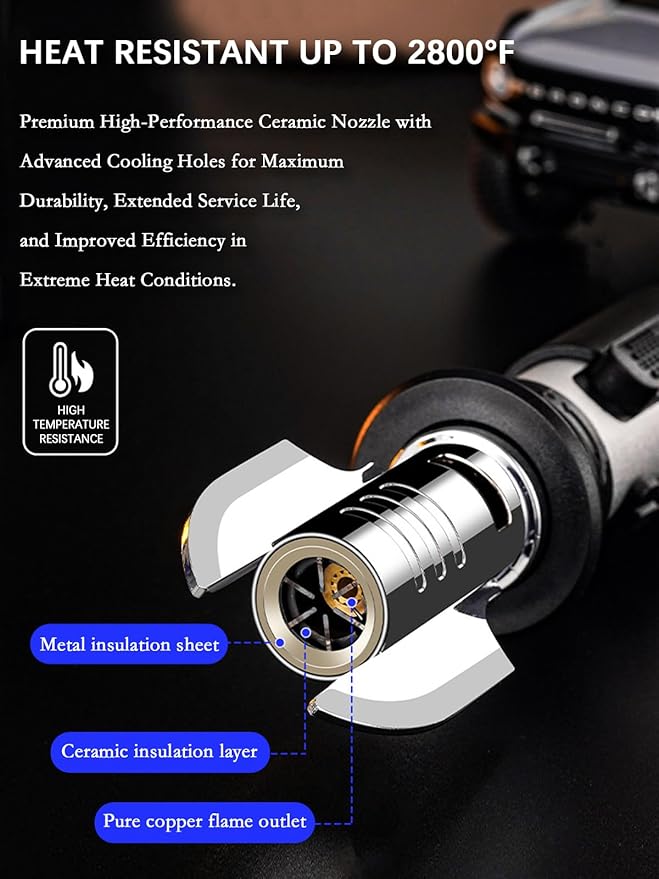 Torch Lighter, Refillable Butane Jet Flame Lighter with Adjustable Flame & Safety Lock, Windproof Gas Torch for Camping, BBQ, Fireplace, Candles, Cooking, Fireworks (Butane Not Included)