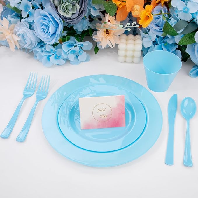 KIRE 150 Piece Blue Plastic Plates Disposable - Blue Dinnerware Set Includes 25 Dinner Plates, 25 Salad Plates, 25 Utensils Set 25 Clear Cups for Birthday/Picnic/Baby Shower