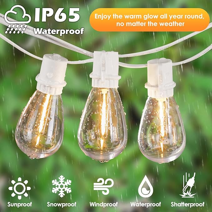 96FT LED Outdoor String Lights, Waterproof Patio Lights with 30+2 2700K Dimmable Vintage Edison Hanging Plastic Bulbs for Bistro Wedding-White