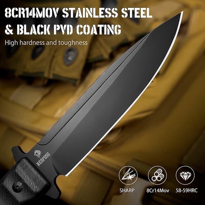 NedFoss BLACK PHOENIX Hunting Knife with Holster, 5.5" 8Cr14Mov Survival Fixed Blade Knife, G10 Handle, Bushcraft & Camping Gifts for Men