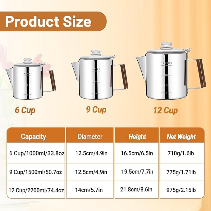 No Coating 6 Cup Percolator Coffee Pot 304 Stainless Steel Moka Pot Stovetop Espresso Maker Italian Greca Cuban Machine 1000ml 33.8oz Suitable for Gas Induction Stovetop Camping Kettle