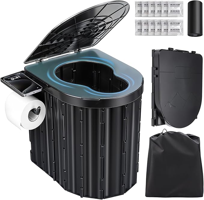 Portable Toilet for Adults, Foldable Plastic Toilet, with Lid and Paper Holder Travel Porta Potty for Adults Camping, Hiking, RV, Fishing, Beach, Road Trip, Truck, Hunting (Black)