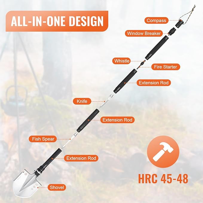 VEVOR Survival Shovel, 13 in 1 Camping Shovel Folding Multitool Kit, Portable and Compact, Stainless Steel, Multifunction for Off-Roading, Camping, Hiking, Outdoor, Survivalist and Emergency