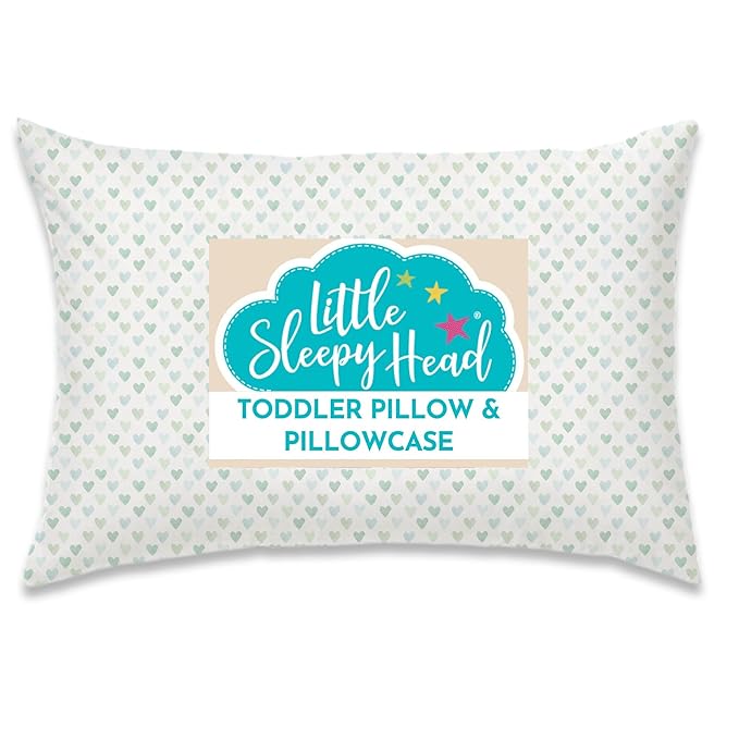 Little Sleepy Head Toddler Pillow with Pillowcase 13x18 - Kids Pillow for Sleeping - Better Neck Support Ergonomic Pillow and Toddler Pillowcase - Best Pillows for Kids (Hearts Sage)