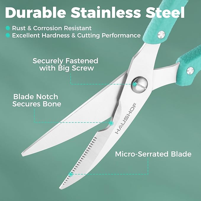 HAUSHOF Kitchen Shears for Food, Heavy Duty Poultry Shears, Stainless Steel Sharp Kitchen Scissors with Serrated Blade, One-Piece Handle, Spring, Safety Lock, 10" Food Scissors for Bones, Meat, Fish