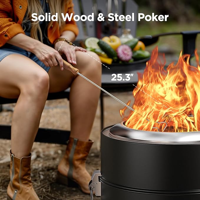 Ciays Smokeless Firepit, 19 Inch Fire Pit for Camping with Patented Technology, Portable Fire Pit for Outside with Steel Grill Rack, Fire Poker, and Bag, Easy Setup and Storage, Wood Burning (Black)