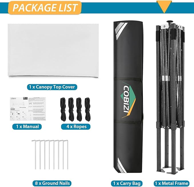 COBIZI 6.6x6.6 Pop Up Canopy Without Sidewall,Heavy Duty Canopy UPF 50+ All Season Wind Waterproof Commercial Outdoor Party Tents for Parties Canopy Gazebo with Storage Bag(6.6 x 6.6 ft White)