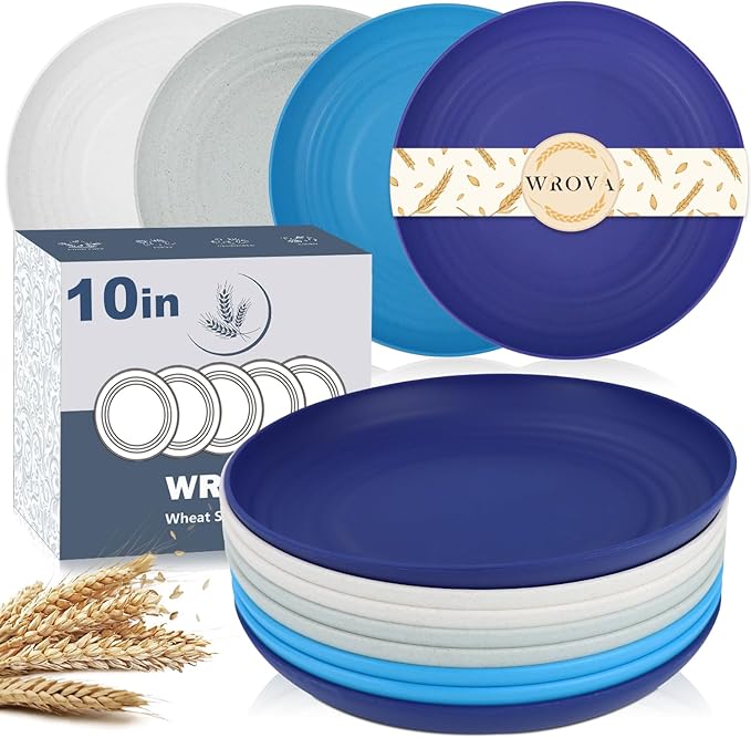 Wheat Straw Plates - 10 Inch Unbreakable Dinner Plates Set of 8 - Dishwasher & Microwave Safe Plastic Plates Reusable - Plates easy to clean for kitchen,camping.White-Grey-Blue, Island Series